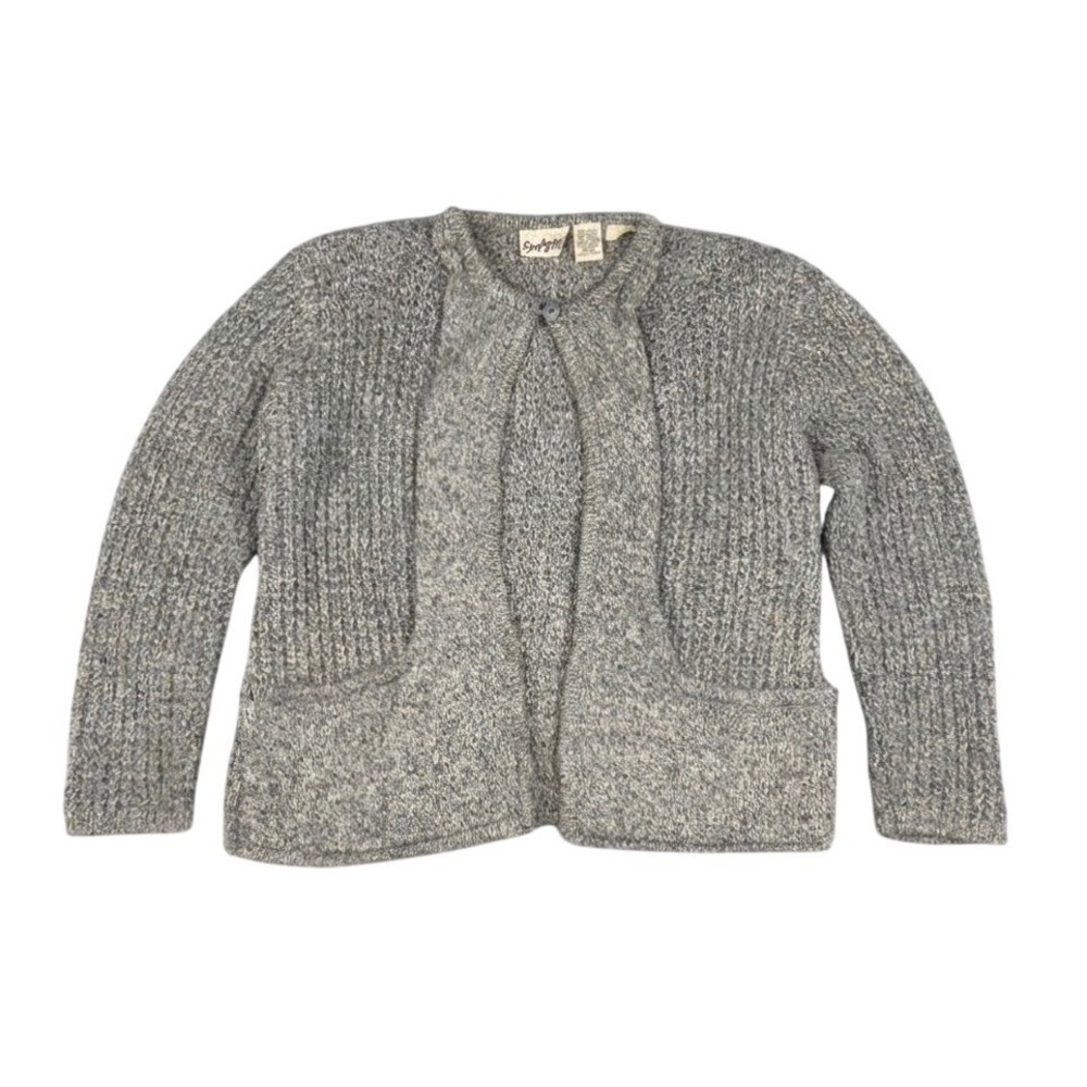 Vtg 80s Shapely Knits Women's Cardigan L Gray Chunky Marled Wool Blend Sweater